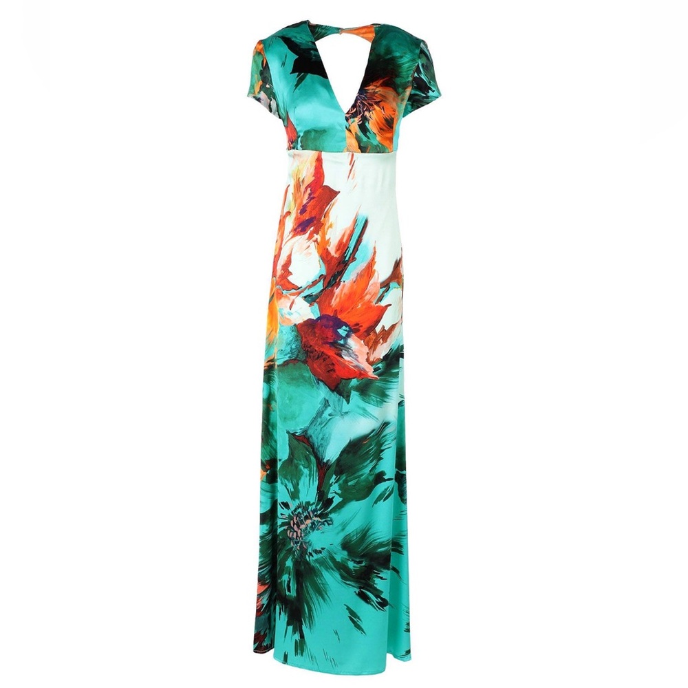 Vibrant Floral Backless Silk Maxi Dress